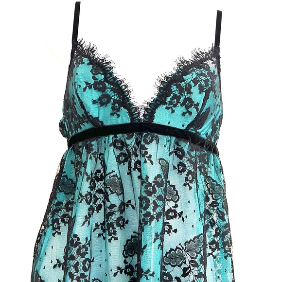 Vintage Victoria’s Secret Teal Black Mesh Lace M Babydoll slip dress Y2K - Picture 3 of 6